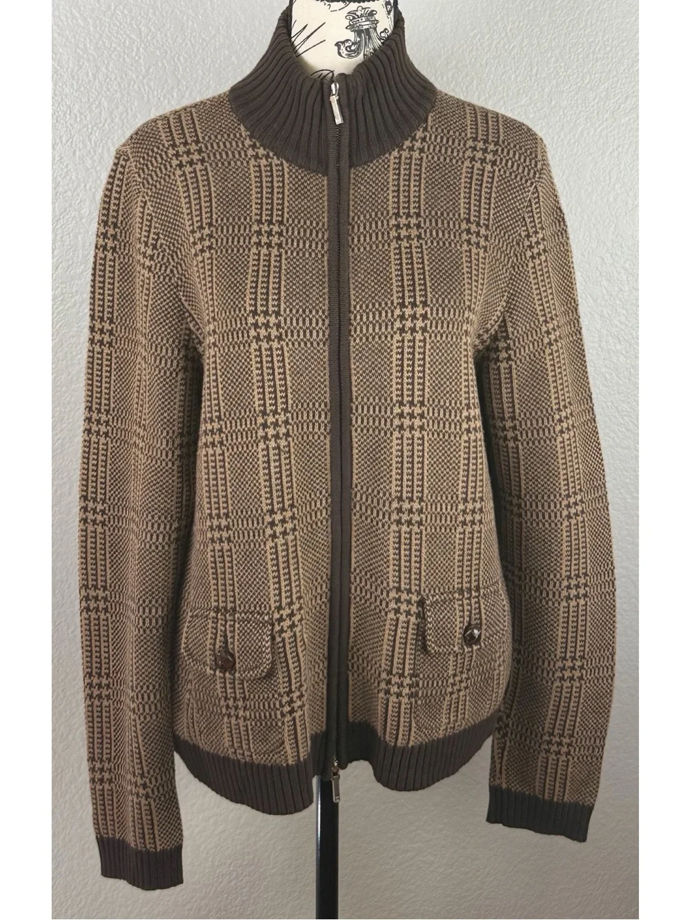 Lauren Ralph Lauren Houndstooth Plaid Knit Zip-Up Cardigan Jacket Large